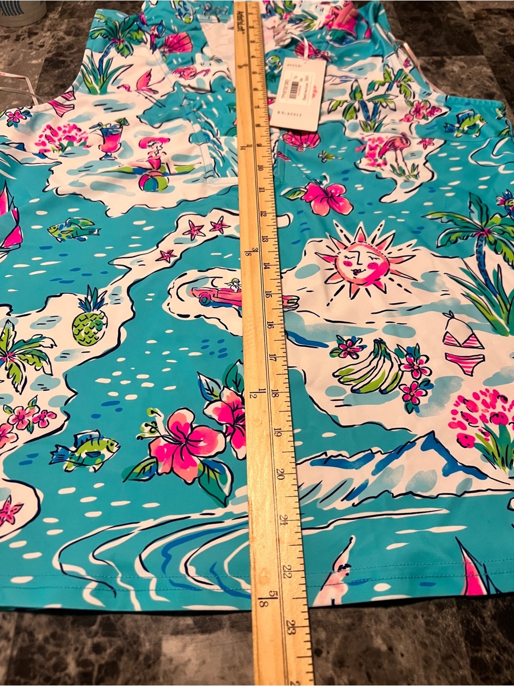 Aryeh Turquoise & Pink Tropical Print Ruffled Sleeveless Top UPF50+ Size S - Picture 12 of 13